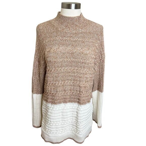 Talbots Sweater Womens Large Brown Cream Cable Knit Mock Neck ColorBlock - Picture 1 of 9